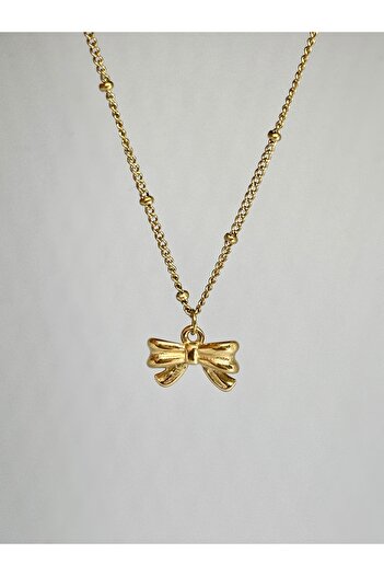 Store Gold Plated Bow Model Women's Steel Necklace with Ribbon Design Stylish and Elegant Jewelry