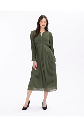 SEÇİL Pleated Window Detail Midi Size Dress-Green