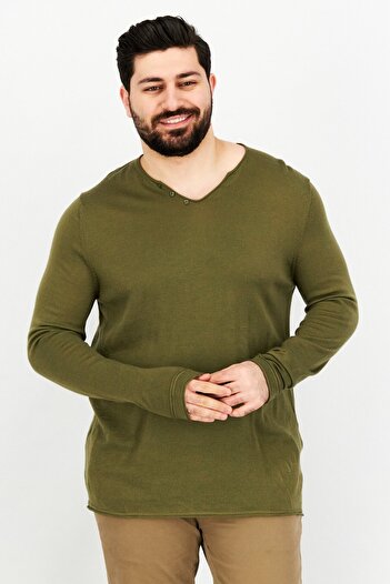 CELIO Men V Neck Long Sleeve Plain Sweatshirts, Olive
