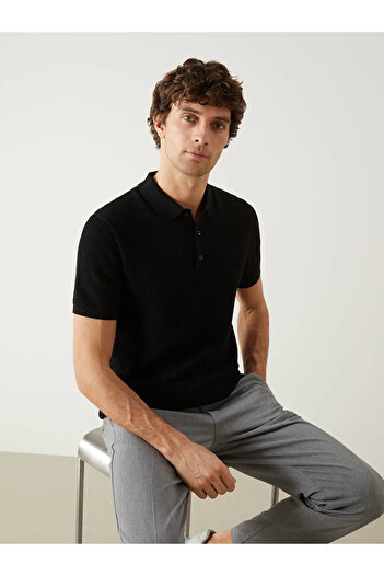 LC Waikiki Southblue Black Polo Neck Short Sleeve Men's Knitwear Sweater