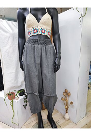 Sosyete Kaplumbağa Organic Cotton Linen Baggy Trousers with Pockets and Ripped Leg Detail