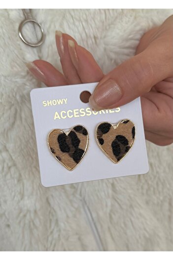 takıtarzım Women's Leopard Print Velvet Heart Earrings