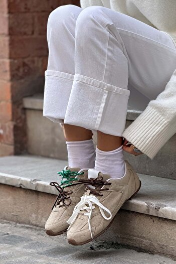 NİŞANTAŞI SHOES Dámské šněrovací tenisky Bellini Beige Suede Flat Sole