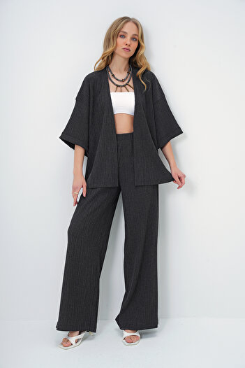 Trend Alaçatı Stili Women's Anthracite Double Sleeve Wrapped Fabric Summer Kimono and Pants Suit Alc-X13466