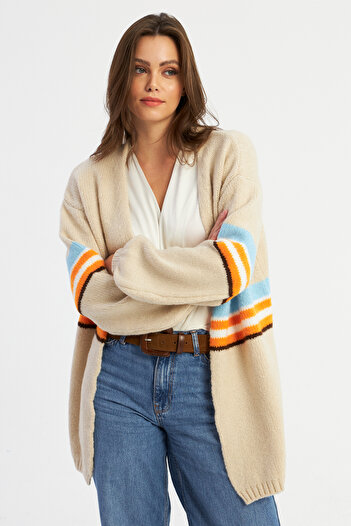 Cool & Modest Stone Colored Women's Striped Cardigan - Msmt2429