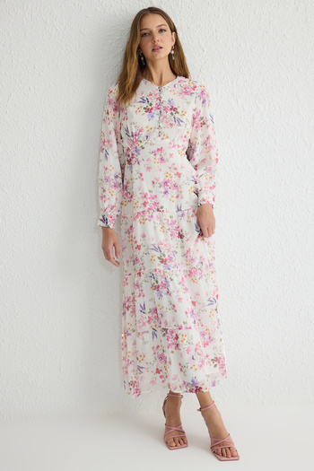 Trendyol Modest Φόρεμα από υφαντό σιφόν εκρού με λουλούδια TCTSS25EB00036