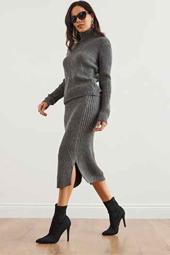 Olalook Women's Anthracite Geometric Textured Skirt Knitwear Suit Tkm- 19000325