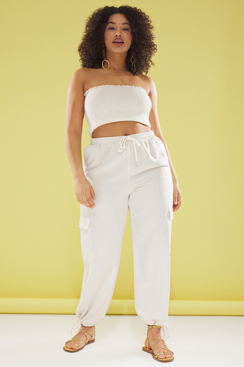 Trendyol Curve Beige Cotton-Linen Content Cargo Pocket Trousers with Laced Legs Large Size Tbbss25Ar00017