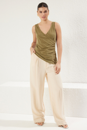 Trendyol Collection Green Asymmetrical Double Breasted Blouse - Modal Content, Sustain Twoss25Bz00077