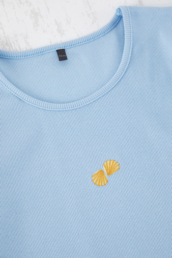 TRENDYOLKIDS Light Blue Girl's Cotton Minimal Embroidery T-Shirt Shorts Knitted Bottom-Top Suit Tkdss25Au00019