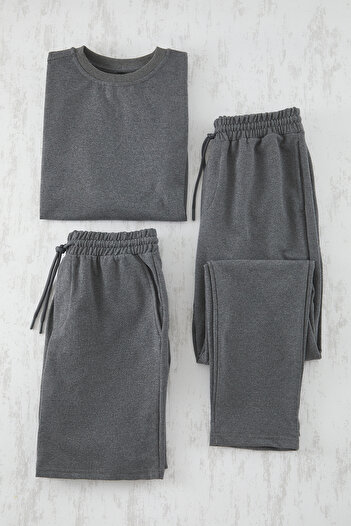 Trendyol Collection Anthracite 3 Piece Oversize T-Shirt/Shorts/Sweatpants Set