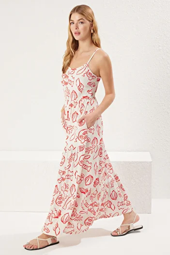Trendyol Collection Ecru Printed Pool Neck Strap Skater/Belt Opening Stretchy Maxi Knitted Dress Twoss25El00527