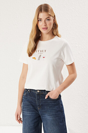 Trendyol Collection Ecru Slogan Printed 100% Cotton Regular T-Shirt - Twoss25Ts00047