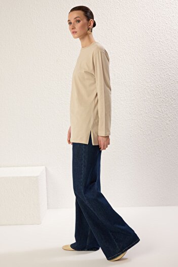 Trendyol Modest Skin Beige Long Sleeve Slit Detailed Knitted T-Shirt Tctss25Rt00000