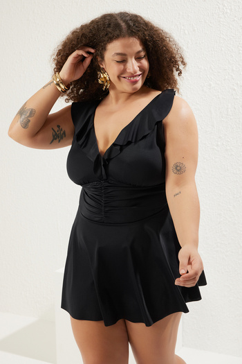 Trendyol Curve Plus Size Black Swimsuit - Ruffle Neckline and Drawstring Waist Skirt Tbbss25Am00018