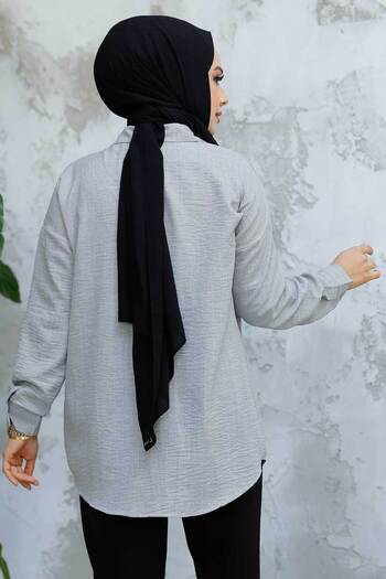 Neva Style Πουκάμισο Hijab Γκρι Κεντημένο με Χάντρες 45280GR