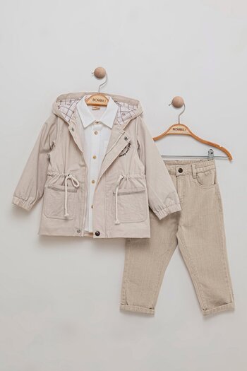 Bombili 3-Piece Boy's Set with Pocket Shirt, Elastic Waist, Trousers, Hooded Coat Combination