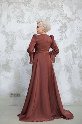 Neva Style Kuyruklu Kahverengi Tesettür Abiye Elbise 4986kh