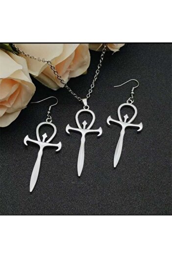 Butik Silver Antique Gothic Nail Hac Pattern Necklace & Earring Set Metal