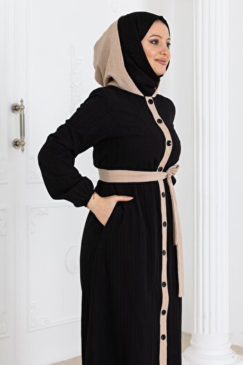 Modamihram Black Hoodie and Button Suit 19238