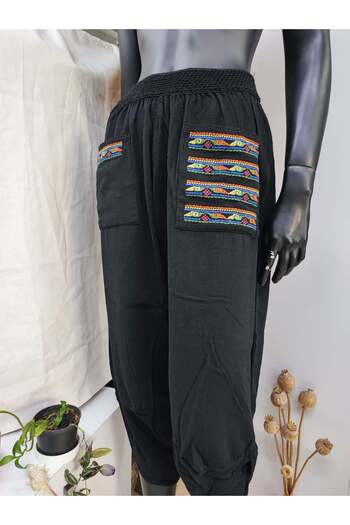 Sosyete Kaplumbağa Organic Cotton Linen Embroidery Detail Baggy Trousers with Pockets
