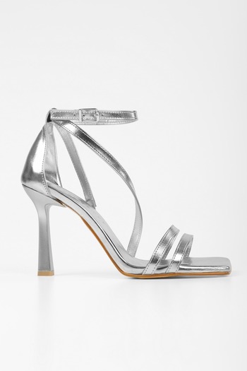 Shoeberry Women's Mules Silver Wrinkled Shiny Heeled Shoes