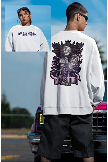 Fuddy Moda Gojo Satoru Unisex Oversize φούτερ χωρίς κουκούλα - Εκτύπωση στην πλάτη, Σχέδιο Anime Jujutsu Kaisen