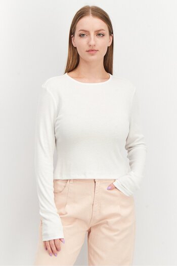 NA-KD Women Round Neck Long Sleeve Textured Top, White