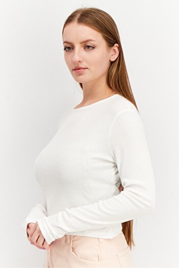 NA-KD Women Round Neck Long Sleeve Textured Top, White
