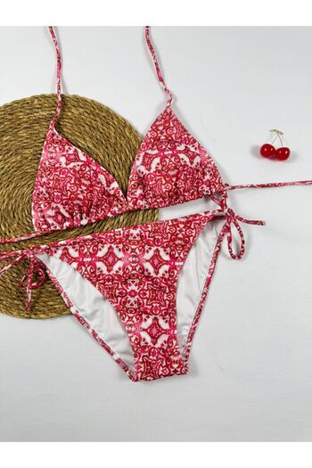 FUNELLA Red Patterned Halter Neck Stylish Women's Bikini Set