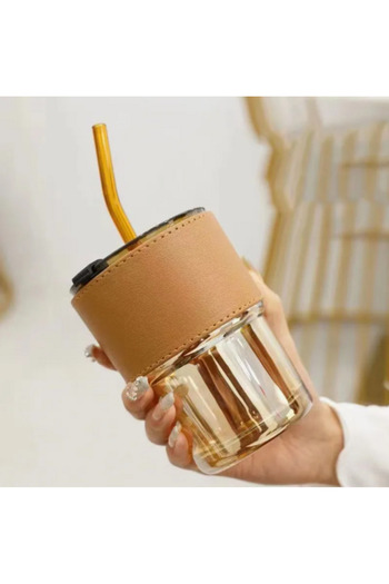 btm home Black & Brown 400ml Glass Straw Cup - Leather Cover & Modern Design