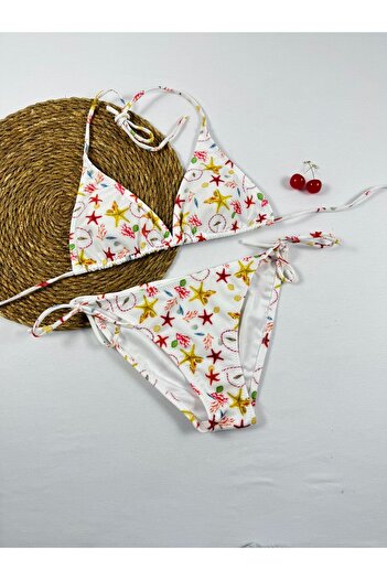 FUNELLA Starfish Patterned Triangle Lycra Halter Neck Stylish Bikini Set
