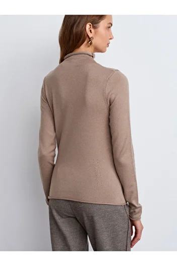 Dilvin 10714 Stand Collar Soft Thin Textured Knitwear Sweater-Dark Mink