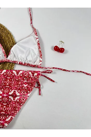 FUNELLA Red Patterned Halter Neck Stylish Women's Bikini Set