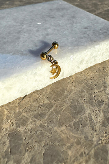 MOONİ ACCESSORİES Piercing Tragus Helix Ay Yıldız Tasarım Sallantılı Gold Altın Renk 316L Paslanmaz Çelik