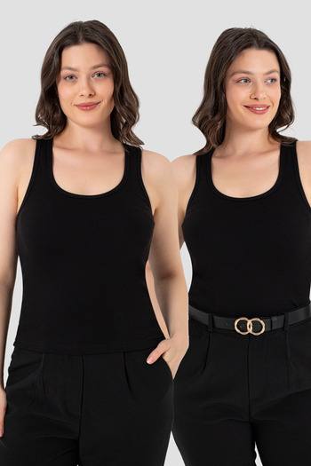Arma Yıldız Women's Ribbed Look Thick Strap Basic Black Undershirt 2 Pack