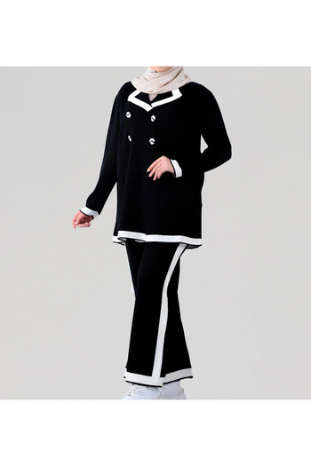 ZARİFSTORE ZARIF Knitwear Set  Buttoned Stripe Detailed Cardigan and Palazzo Trousers