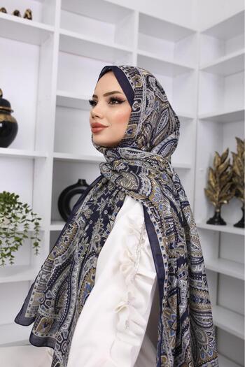 HAR-UM Ticaret Navy Blue Retro Ethnic Patterned Cotton Soft Shawl