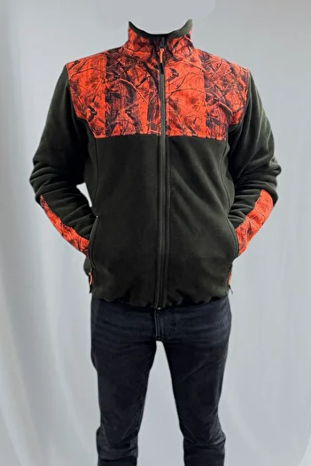 WİDİ Hunting Forest Pattern Grout Printed Stand Collar Softshell Orange Camouflage Patterned Khaki Fleece Jacket
