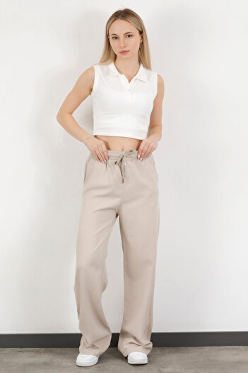 GİYSA Women's Elastic Waist Lace-Up Wide Leg Trousers Stone - 4707