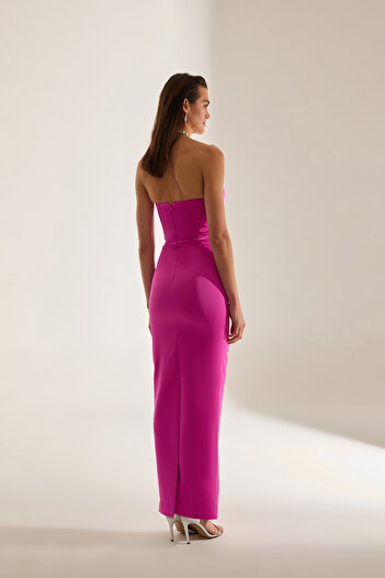 BETTY & SAM Mabel Cut Out Dekolteli Kalem Saten Neon Pembe Gece Elbisesi