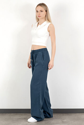 GİYSA Women's Elastic Waist Lace-Up Wide Leg Trousers Navy Blue - 4707