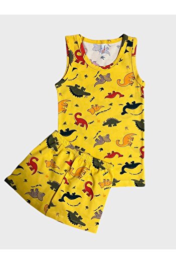 elmas kids Erkek Çocuk Pamuklu Sarı Dinozor Desenli Atlet Boxer Takımı