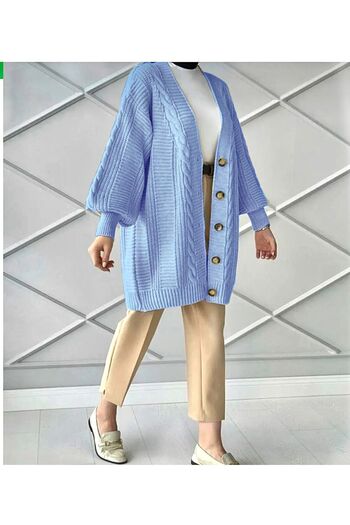moda mh Knitted Patterned 5 Buttoned Balloon Sleeve Detailed Knitted Cardigan