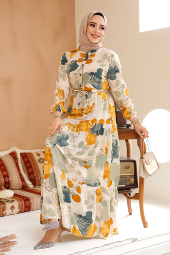 Neva Style Floral Print Mustard Hijab Dress 10214Hr