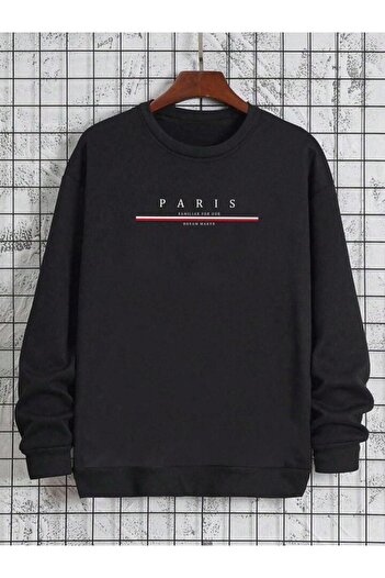 Pink Sky Φούτερ Paris Printed Black Crew Neck - Oversize Unisex Χοντρό Χειμώνα