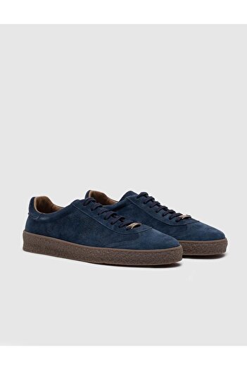 Cabani Rubber Sole Genuine Leather Navy Blue Lace-Up Men's Sports Shoes