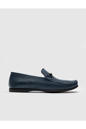 Cabani Genuine Leather Navy Blue Men's Loafer Shoes with Stitching Detail
