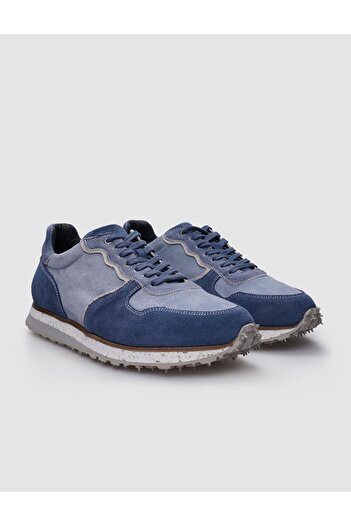 Cabani %100 Hakiki Deri Mavi Süet Bağcıklı Erkek Sneaker