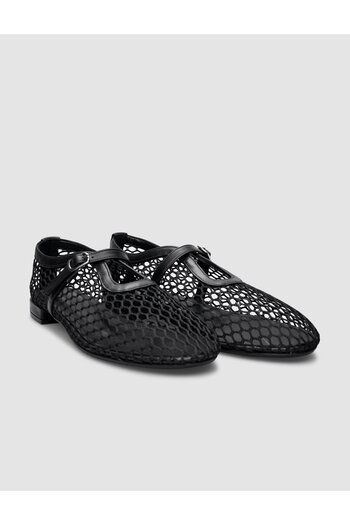 Cabani Black Genuine Leather - Women's Ballerinas with Mesh Buckle Detail